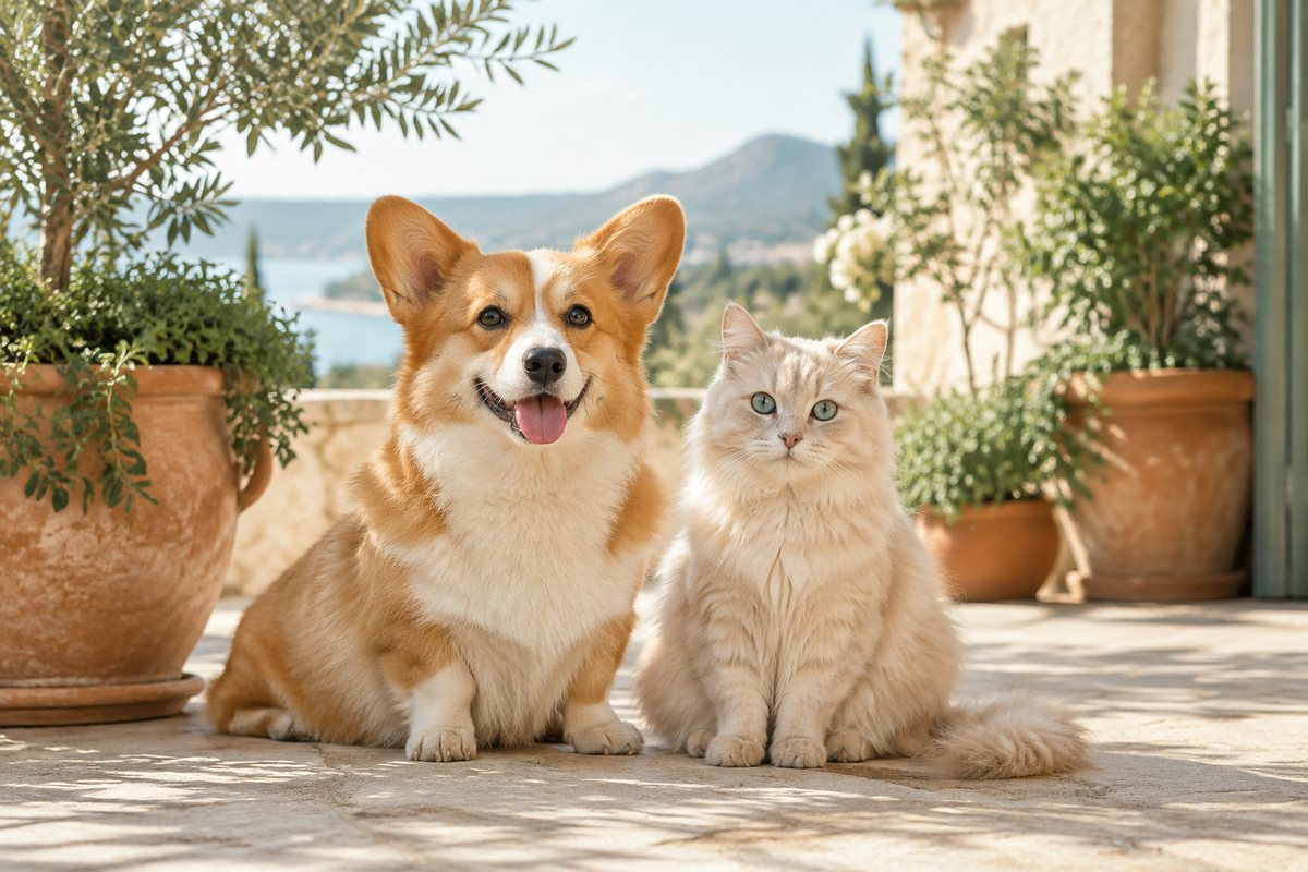 Corgi and cat on a sunny terrace